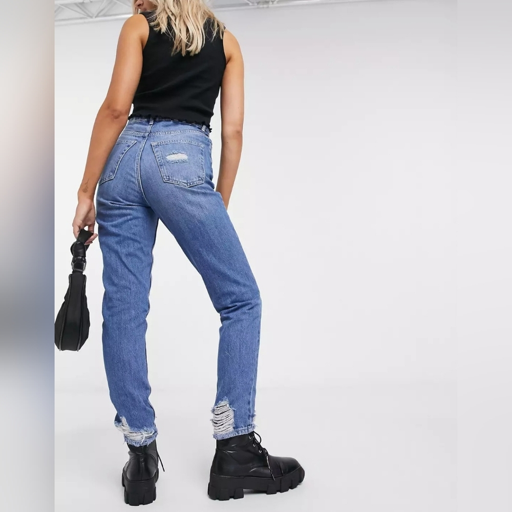 Topshop "Mom" Distressed Hem High Rise Straight Leg Blue Jeans | Women's Size 28 - Picture 4 of 14